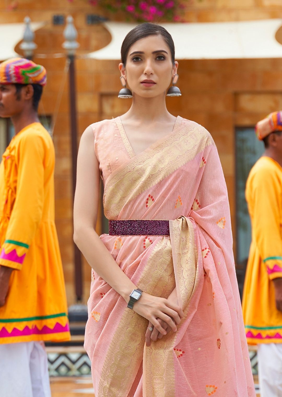 Blossom Pink Zari Woven Pure Handloom Linen Saree