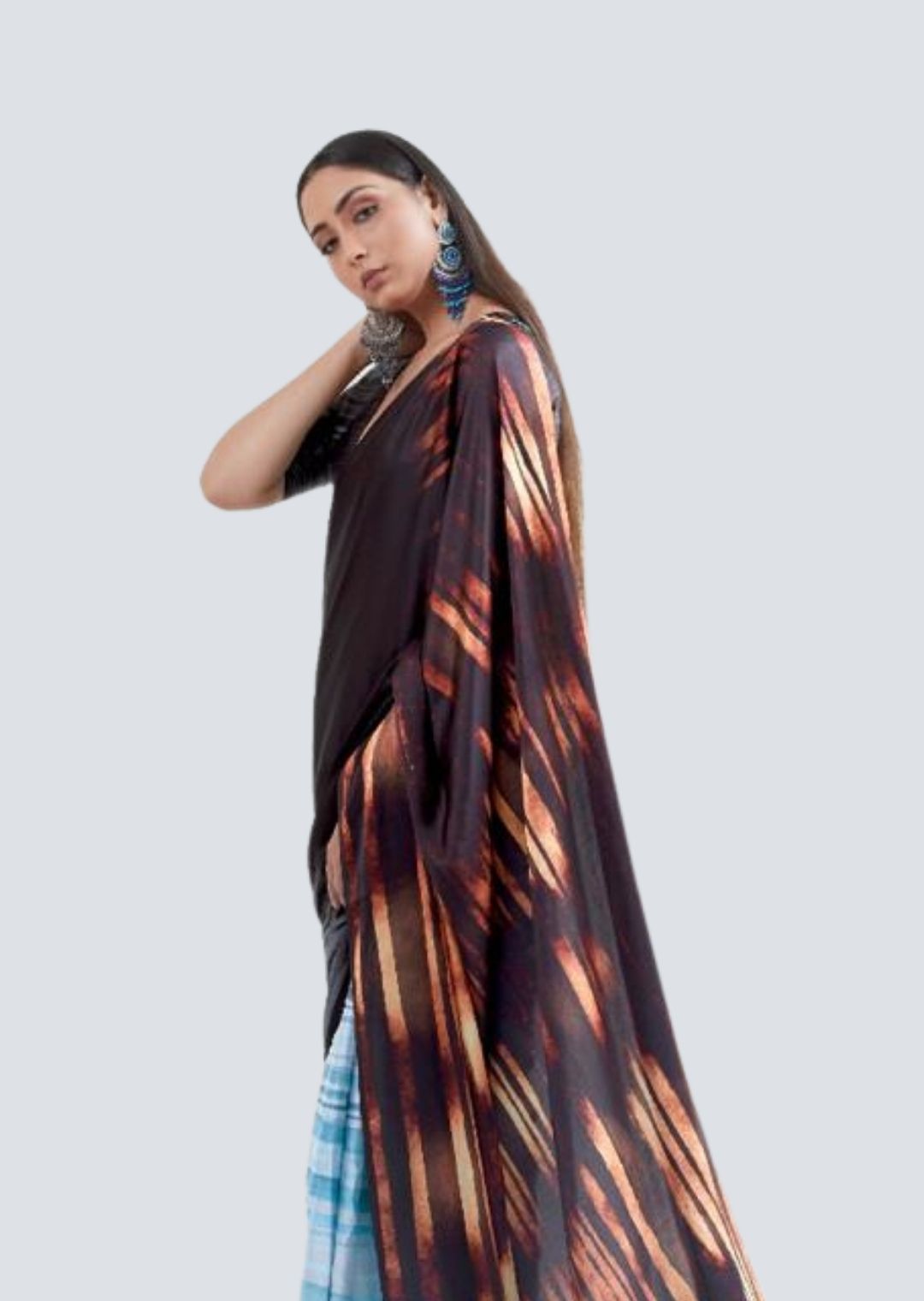 Dark Brown & Sky Blue Digital Printed Satin Crepe Saree