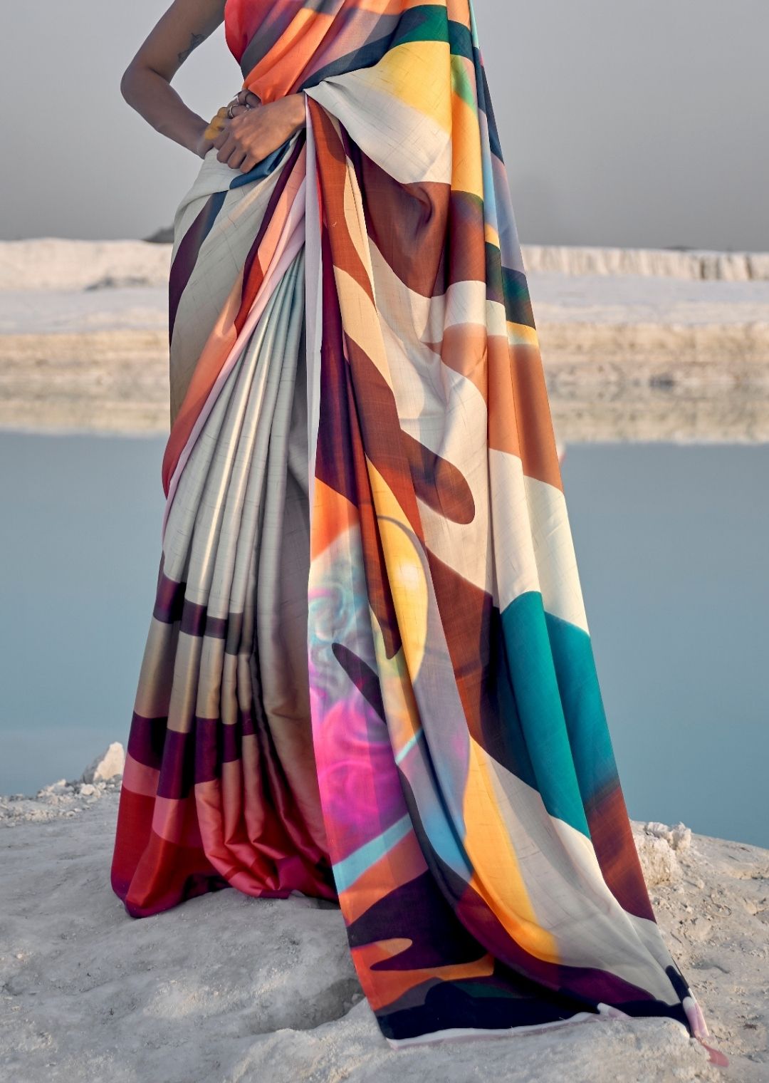 Multi Color Digital Printed Satin Crepe Saree