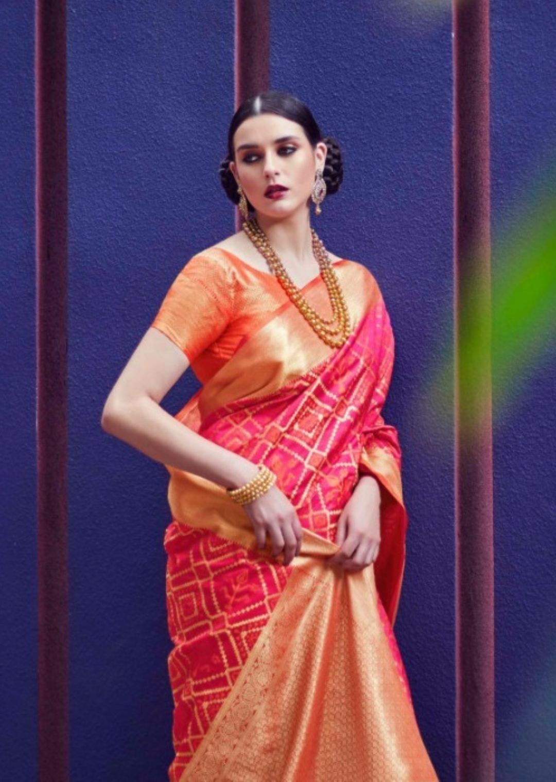 Ruby Pink & Orange Woven Traditional Patola Silk Saree