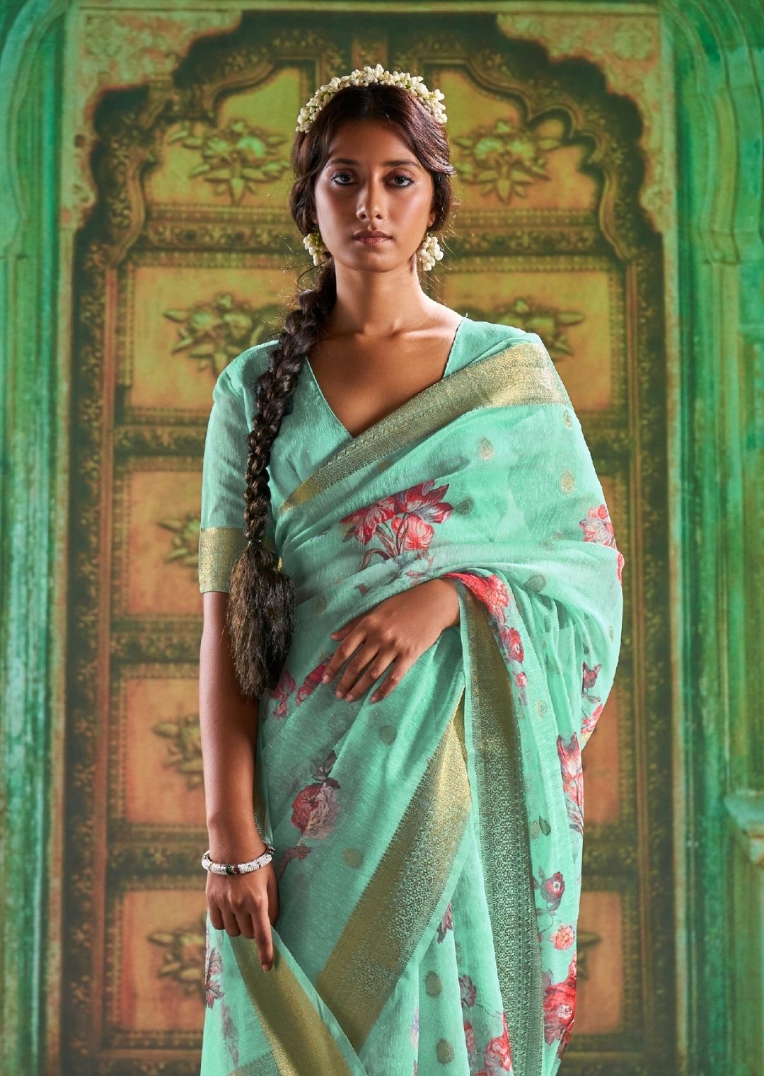 Turquoise Green Zari Woven Pure Handloom Digital Linen Saree