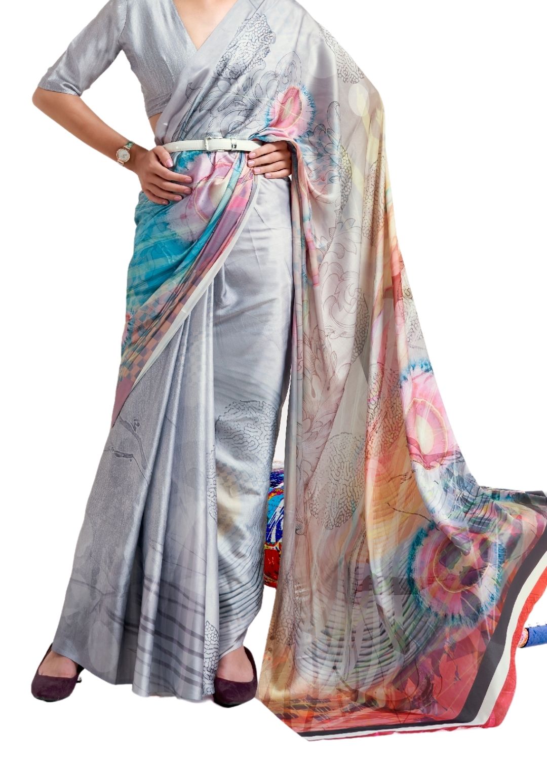 Silver Grey Digital Printed Satin Crepe Saree