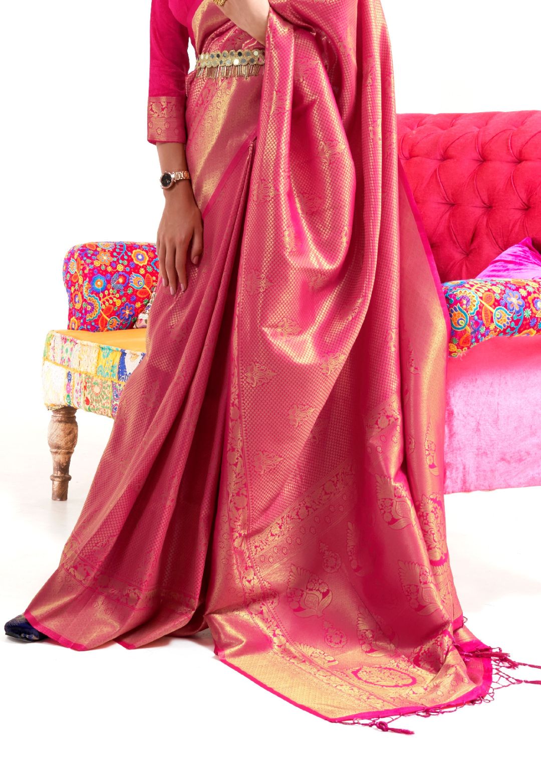 Ruby Pink Hand Woven Kanjivaram Silk Saree