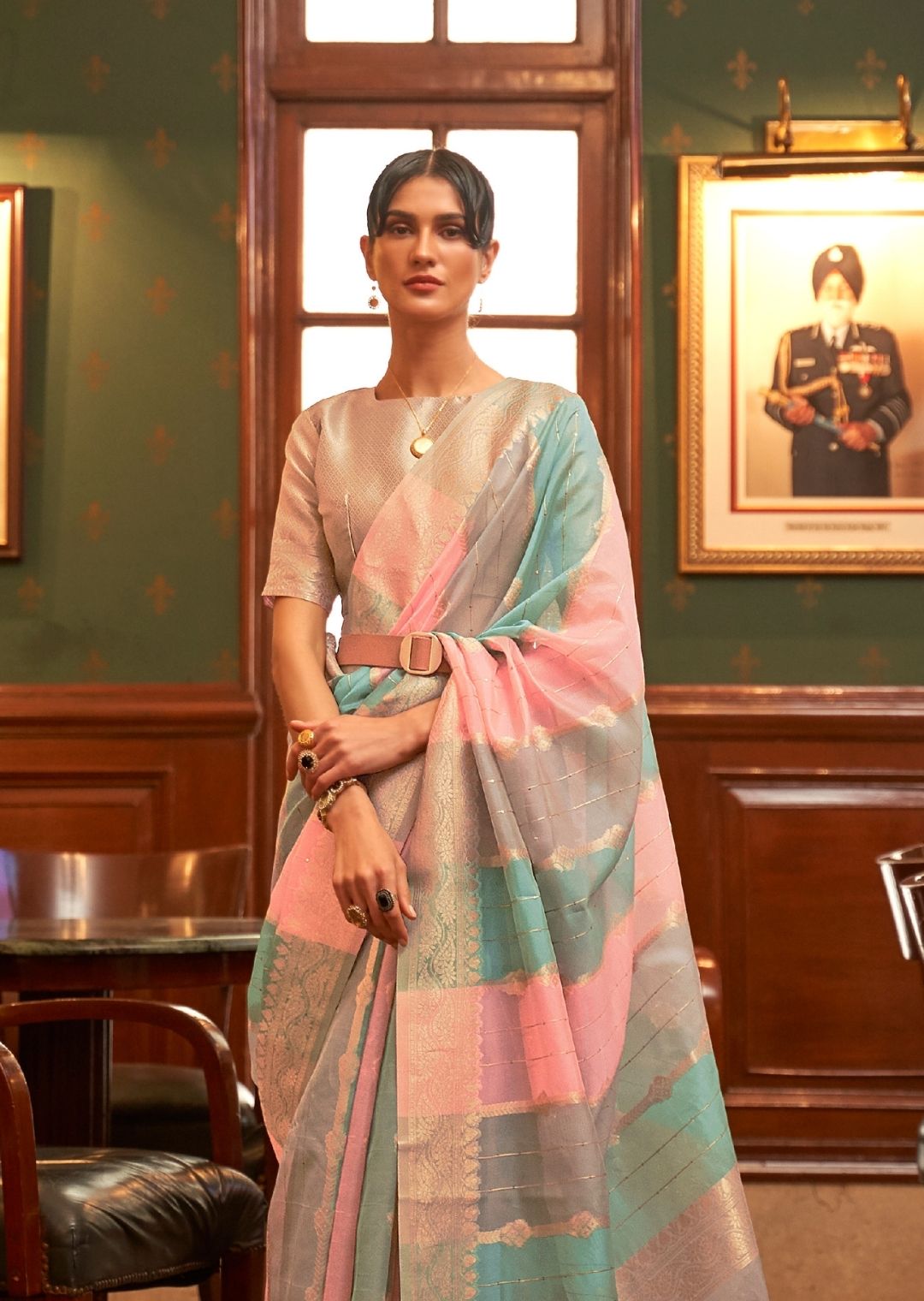Cloud Gray & Pink Zari Woven Pure Handloom Organza Silk Saree With Sequins Work