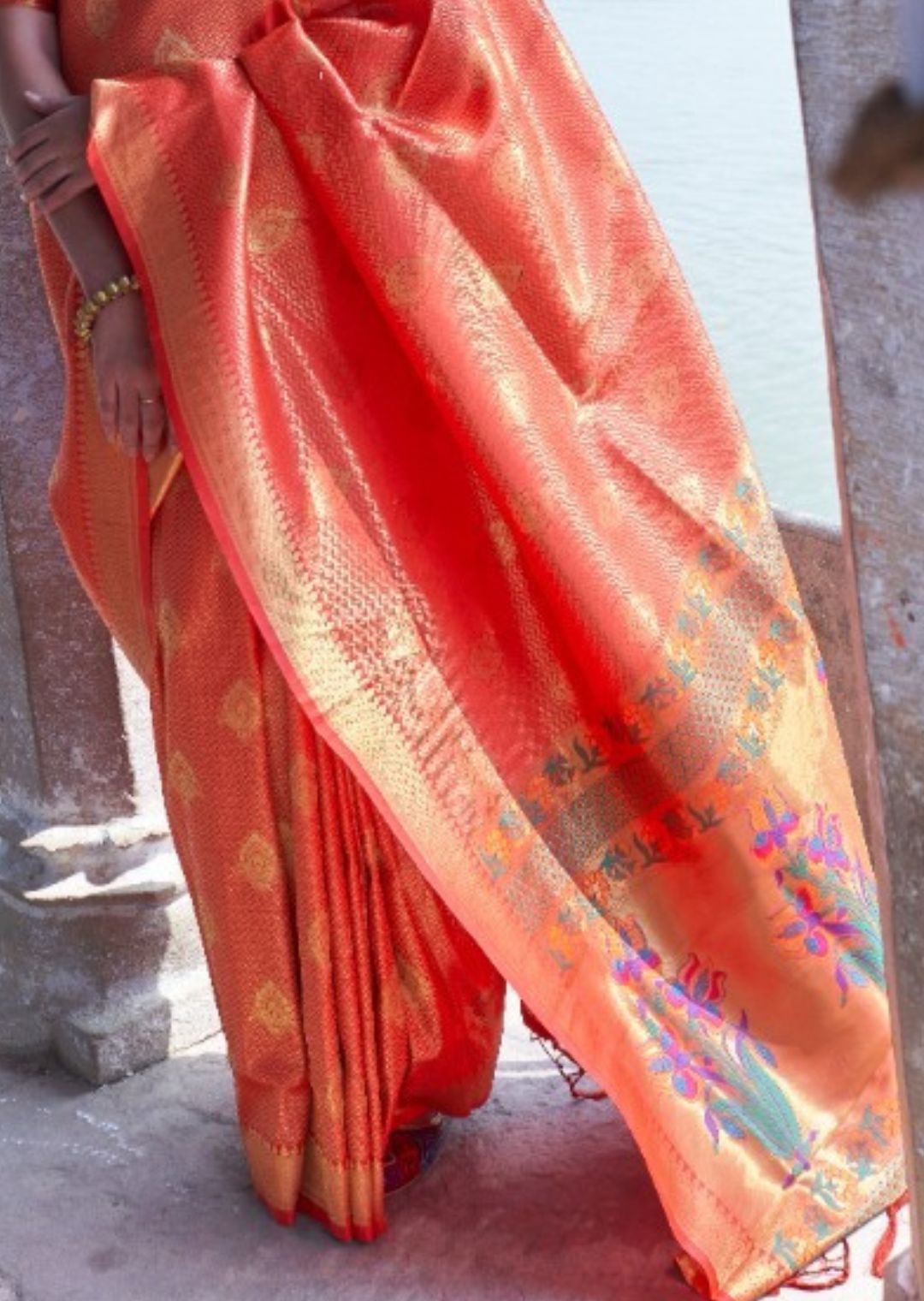 Golden Deep Orange Hand Woven Kanjivaram Silk Saree