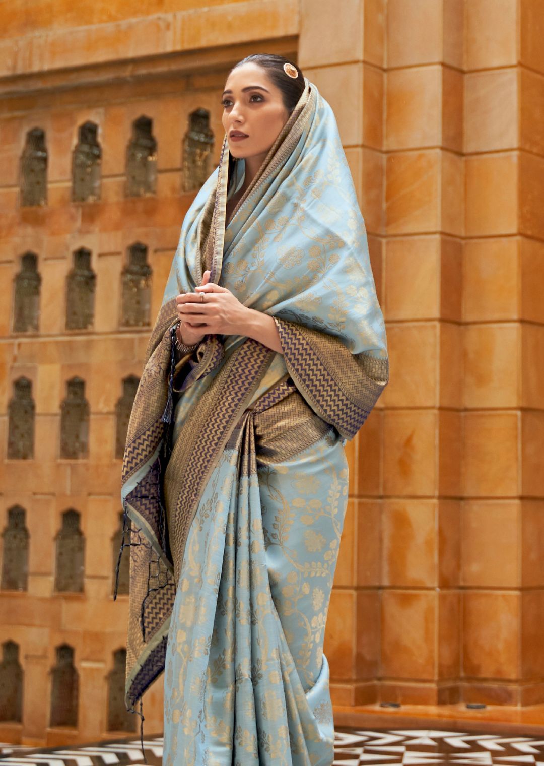 Light Sky Blue Woven Handloom Zari Silk Saree