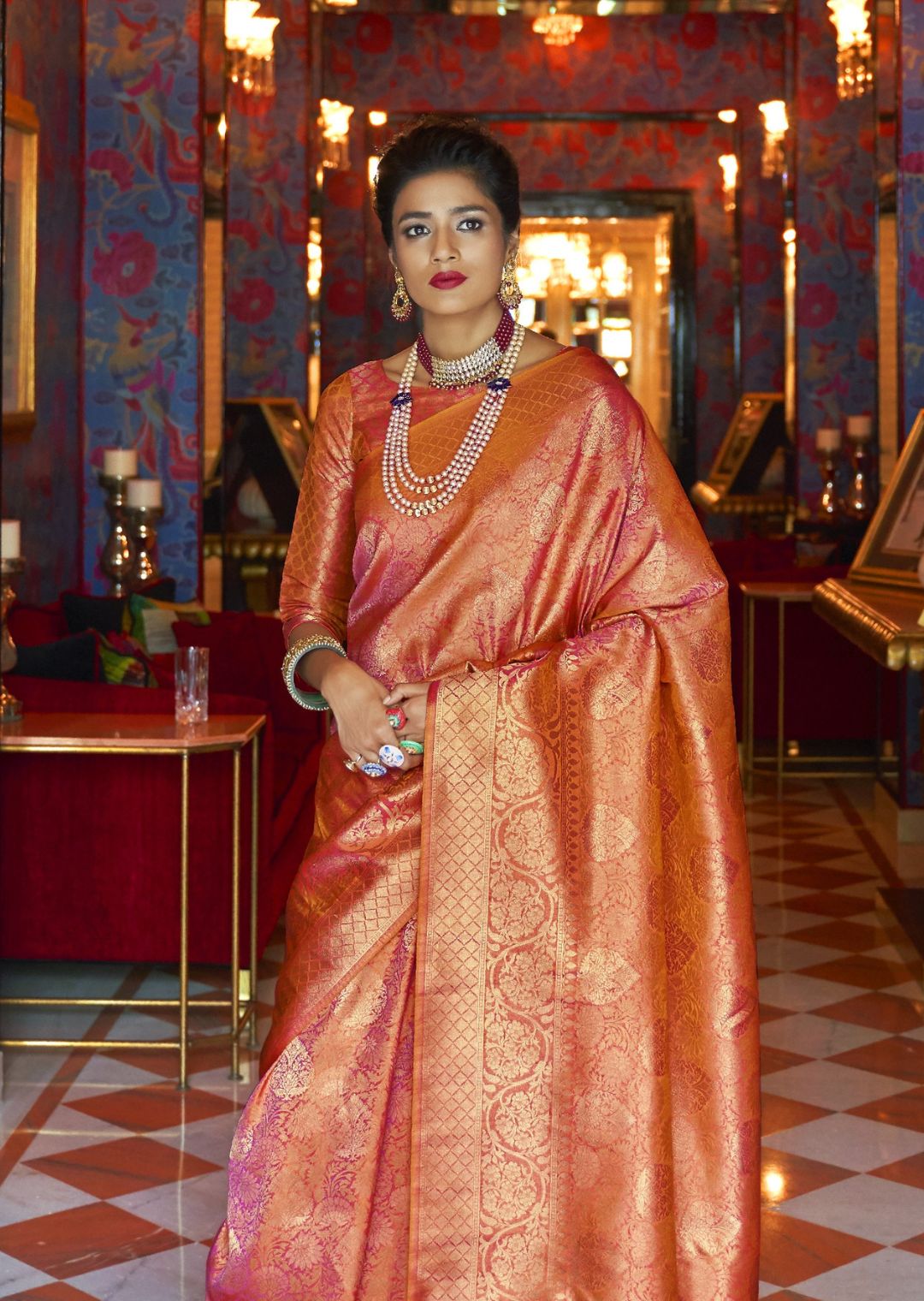 Apricot Orange Hand Woven Kanjivaram Silk Saree