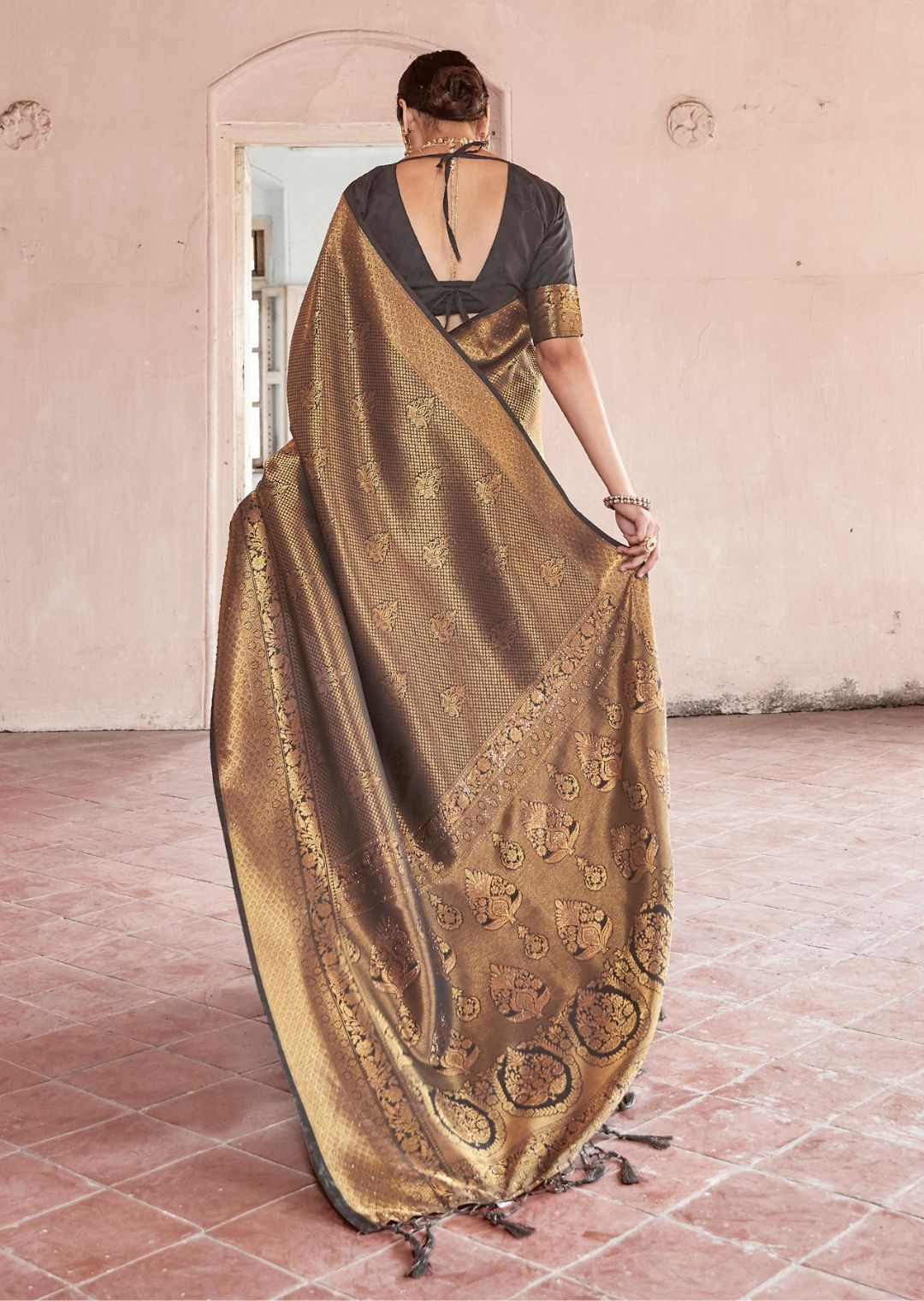 Black Gold Swaroski Hand Woven Kanjivaram Silk Saree
