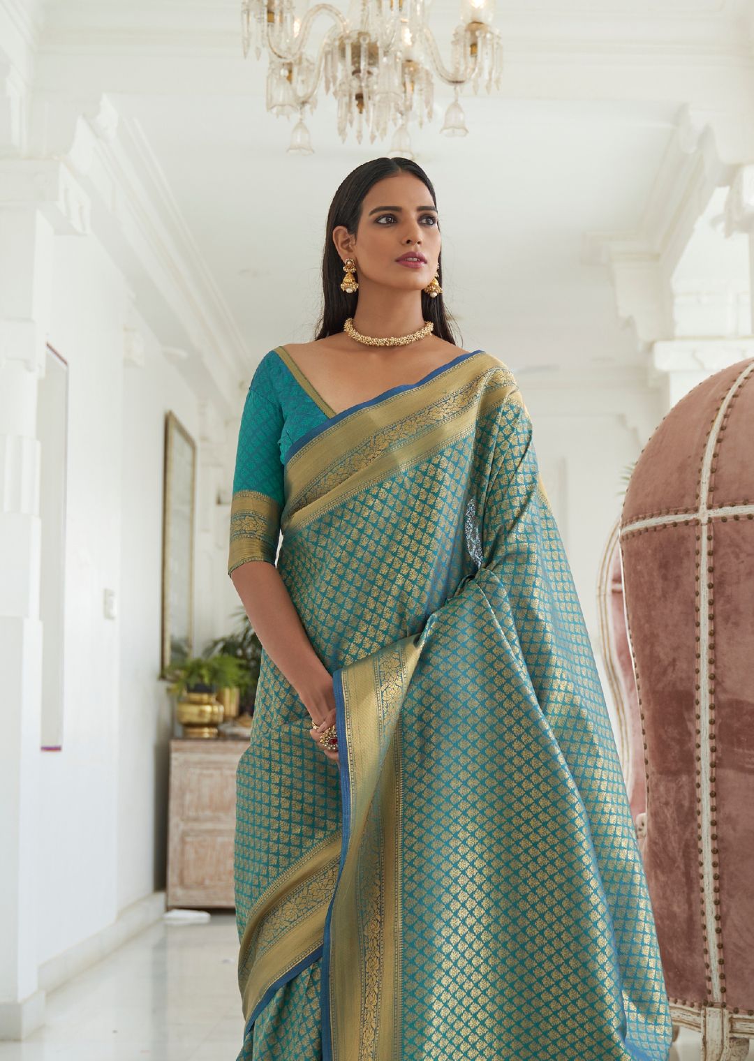 Turquoise Blue Hand Woven Kanjivaram Silk Saree