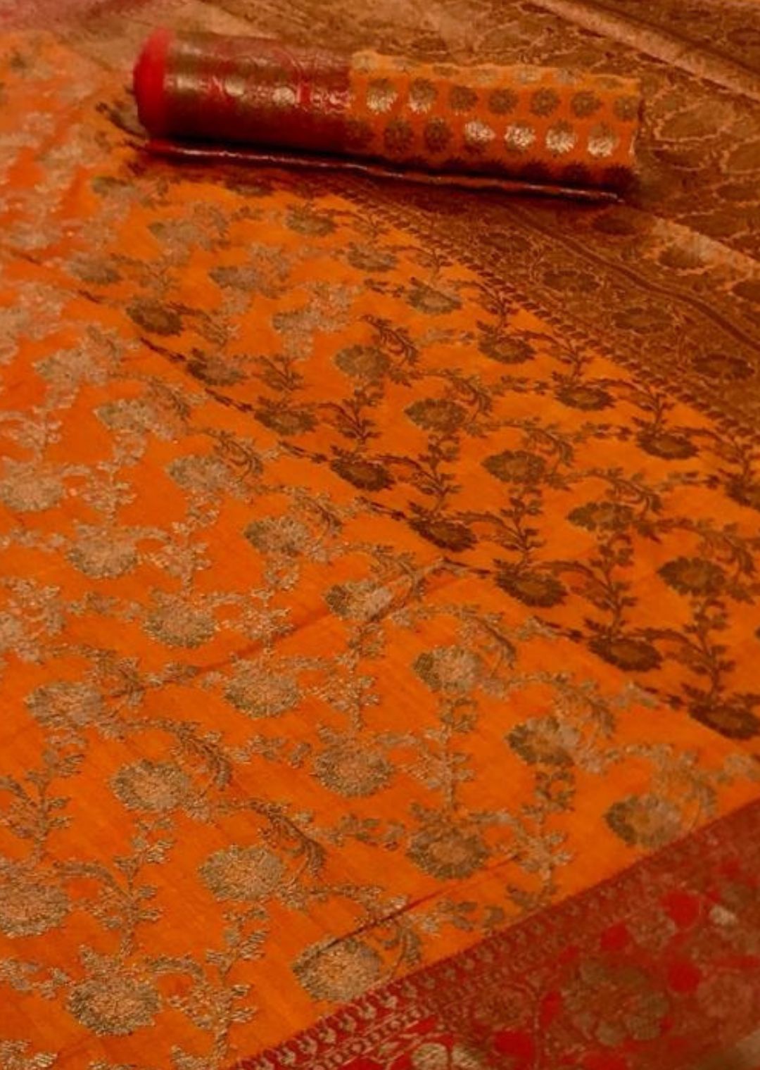 Carrot Orange Zari Woven Banarasi Silk Saree