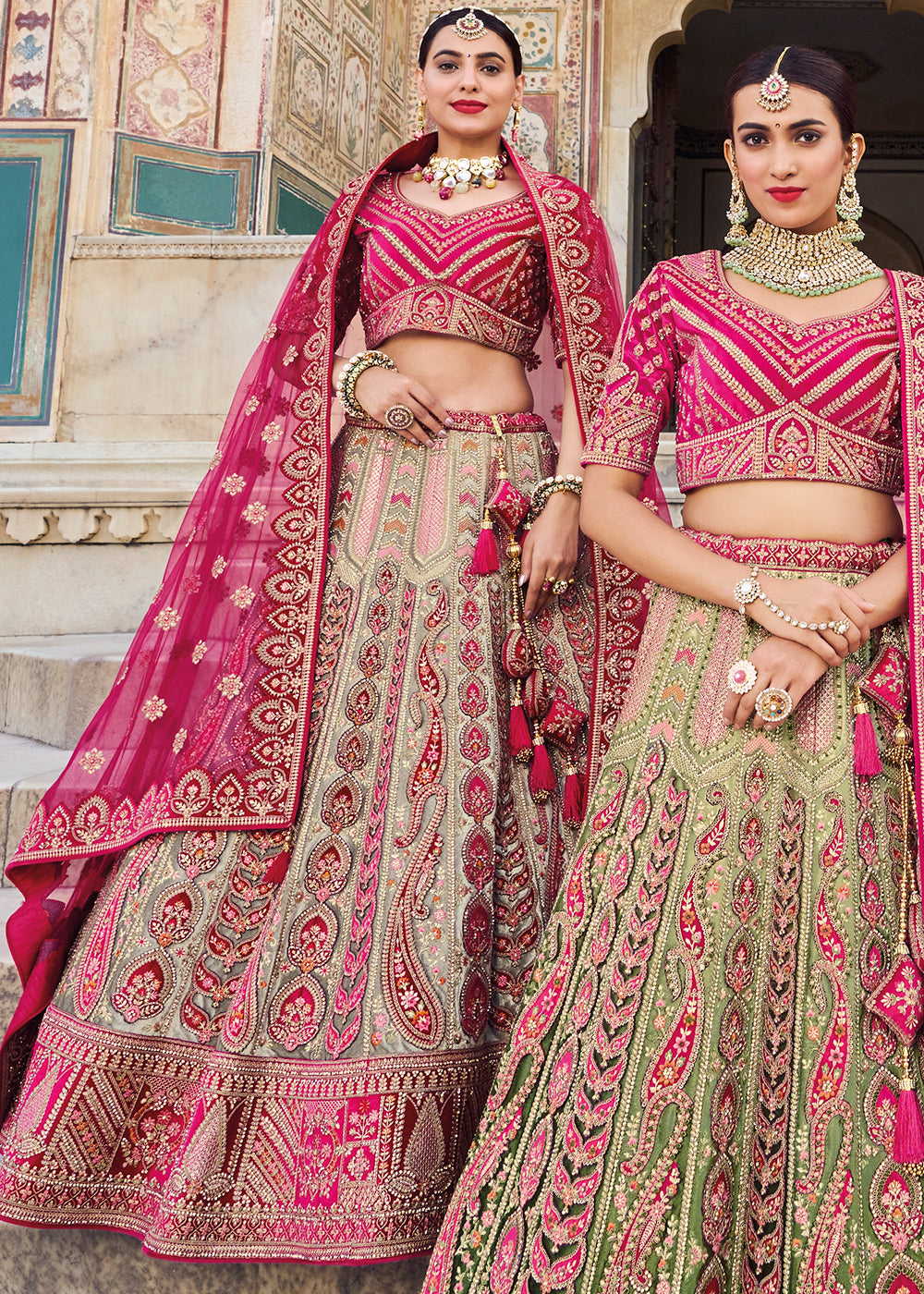 Buy Jungle Green and Deep Pink Net Embroidered Wedding Lehenga Choliin  Medium Size at Amazon.in