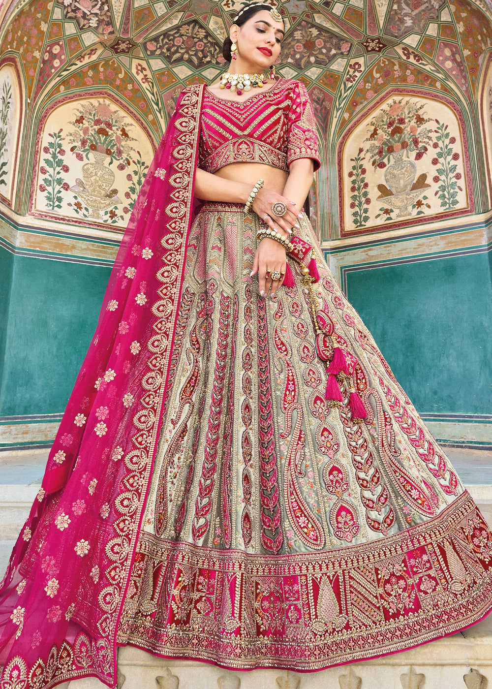 Tea-Green Bridal Lehenga Choli with Hand-Embroidered Beads and Sequins |  Exotic India Art
