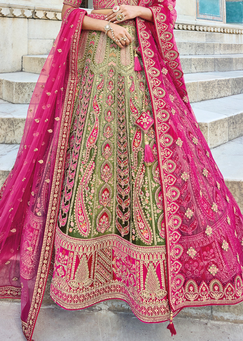 PEAR GREEN HEAVY EMBROIDERED DESIGNER BRIDAL LEHENGA