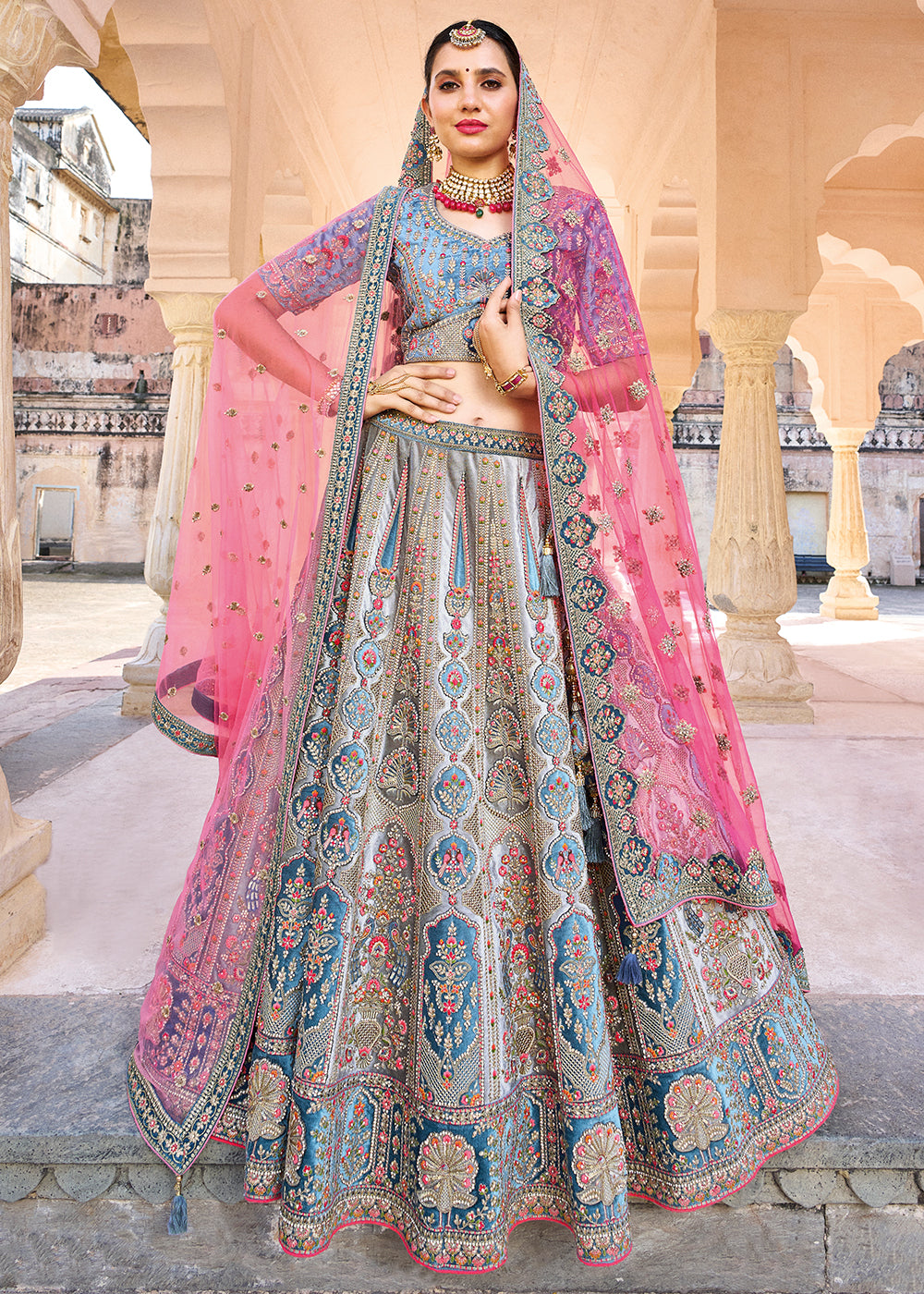 Pink Jaquard Semi-Stitched Half Saree with Blue Border & Pink Unstitched  Blouse With Dupatta - ShopGarb - 4069922