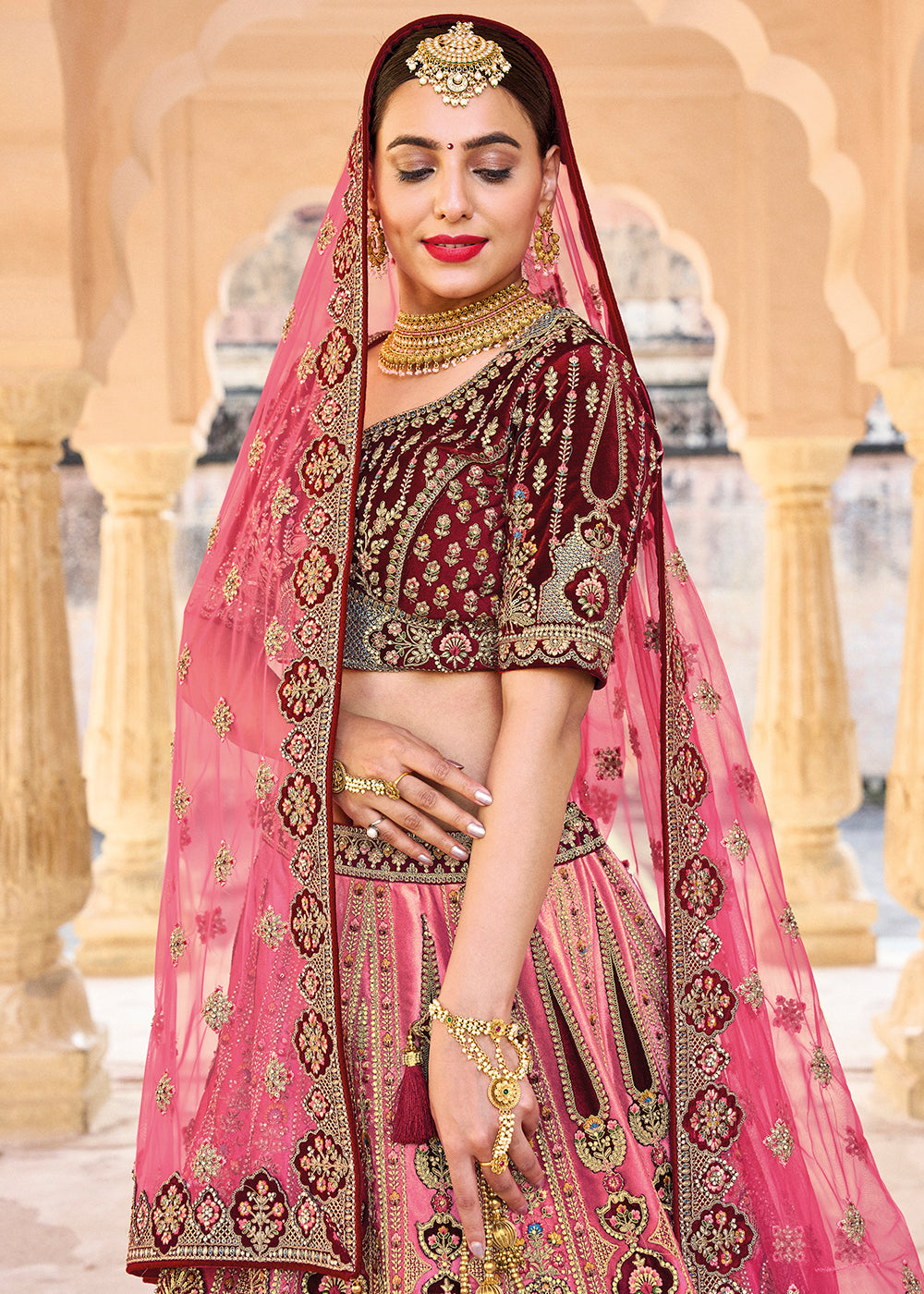 Buy Pink Lehenga And Blouse Dola Silk Dupatta Chanderi Bridal Set For Women  by Kalista Online at Aza Fashions.