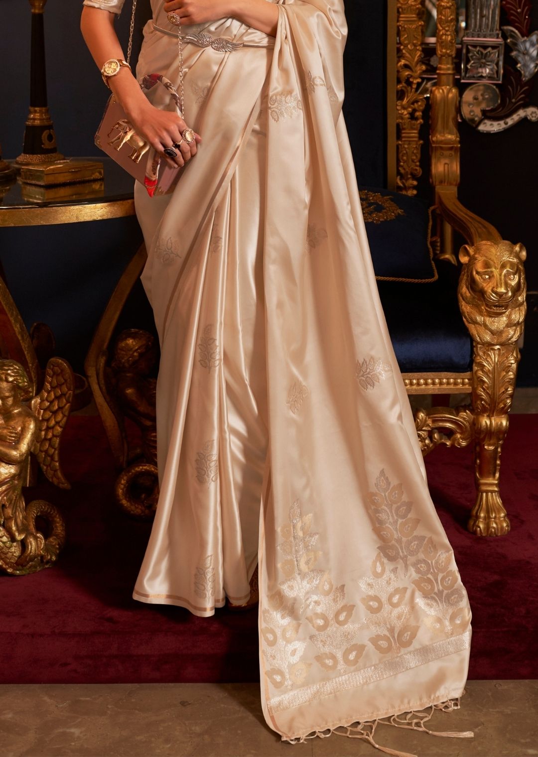 Sand Beige White Woven Pure Satin Silk Saree