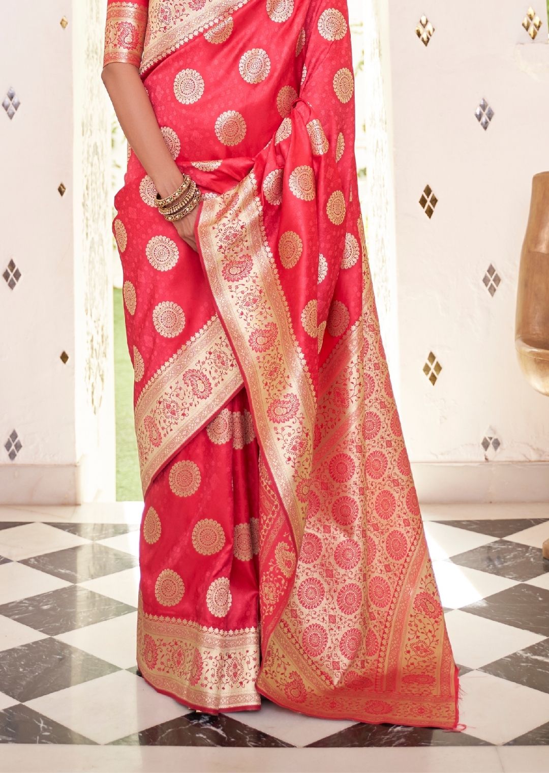 Imperial Red Woven Pure Satin Banarasi Silk Saree