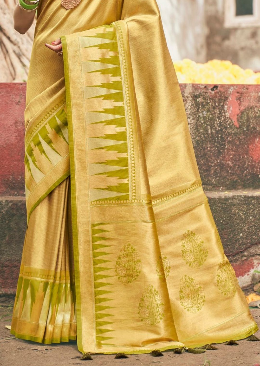 Golden Olive Green Woven Kanjivaram Silk Saree