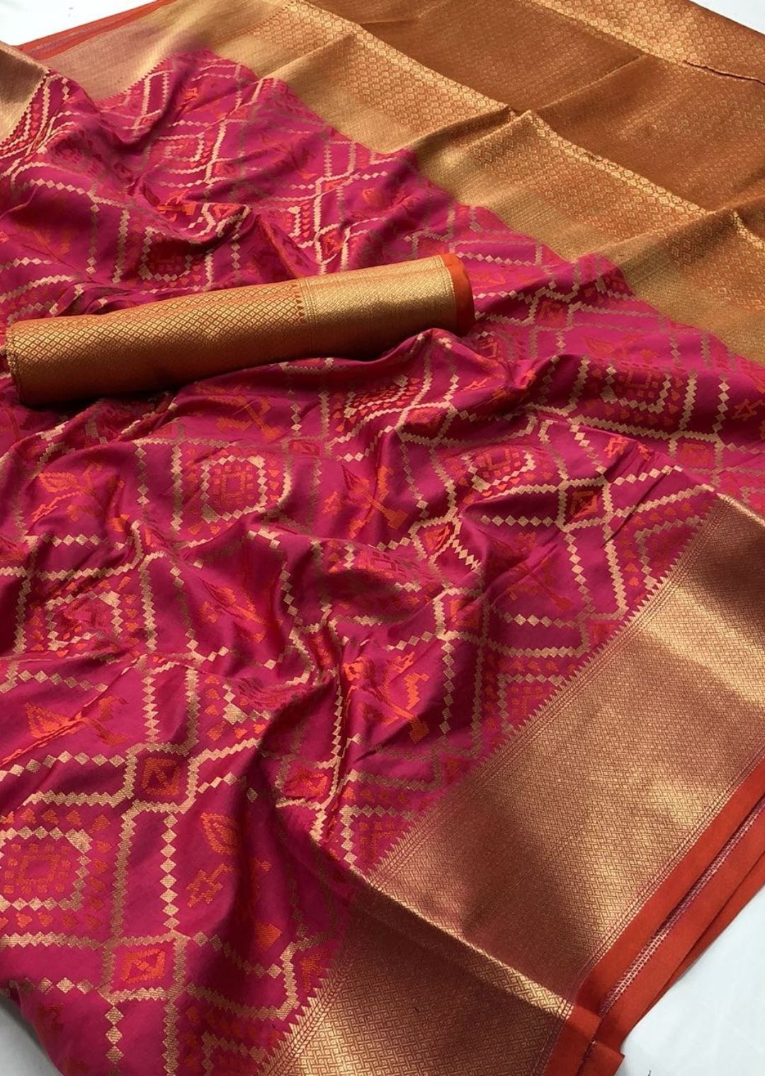 Ruby Pink & Orange Woven Traditional Patola Silk Saree