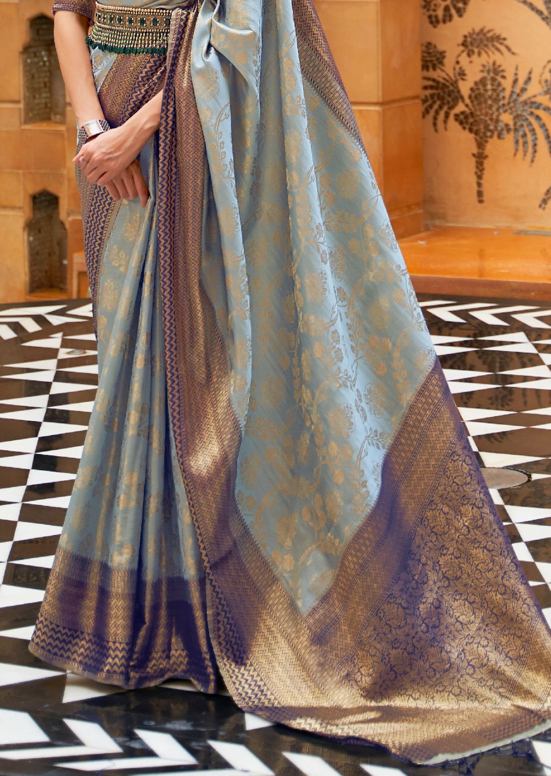 Light Sky Blue Woven Handloom Zari Silk Saree