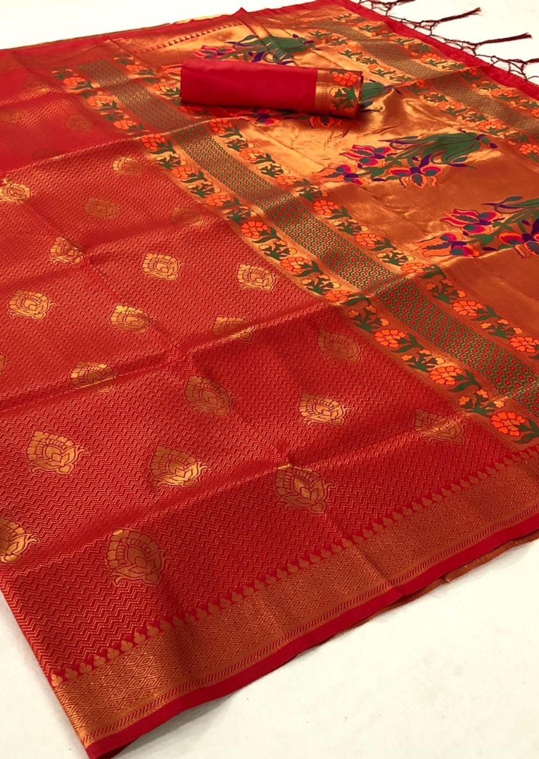 Golden Deep Orange Hand Woven Kanjivaram Silk Saree