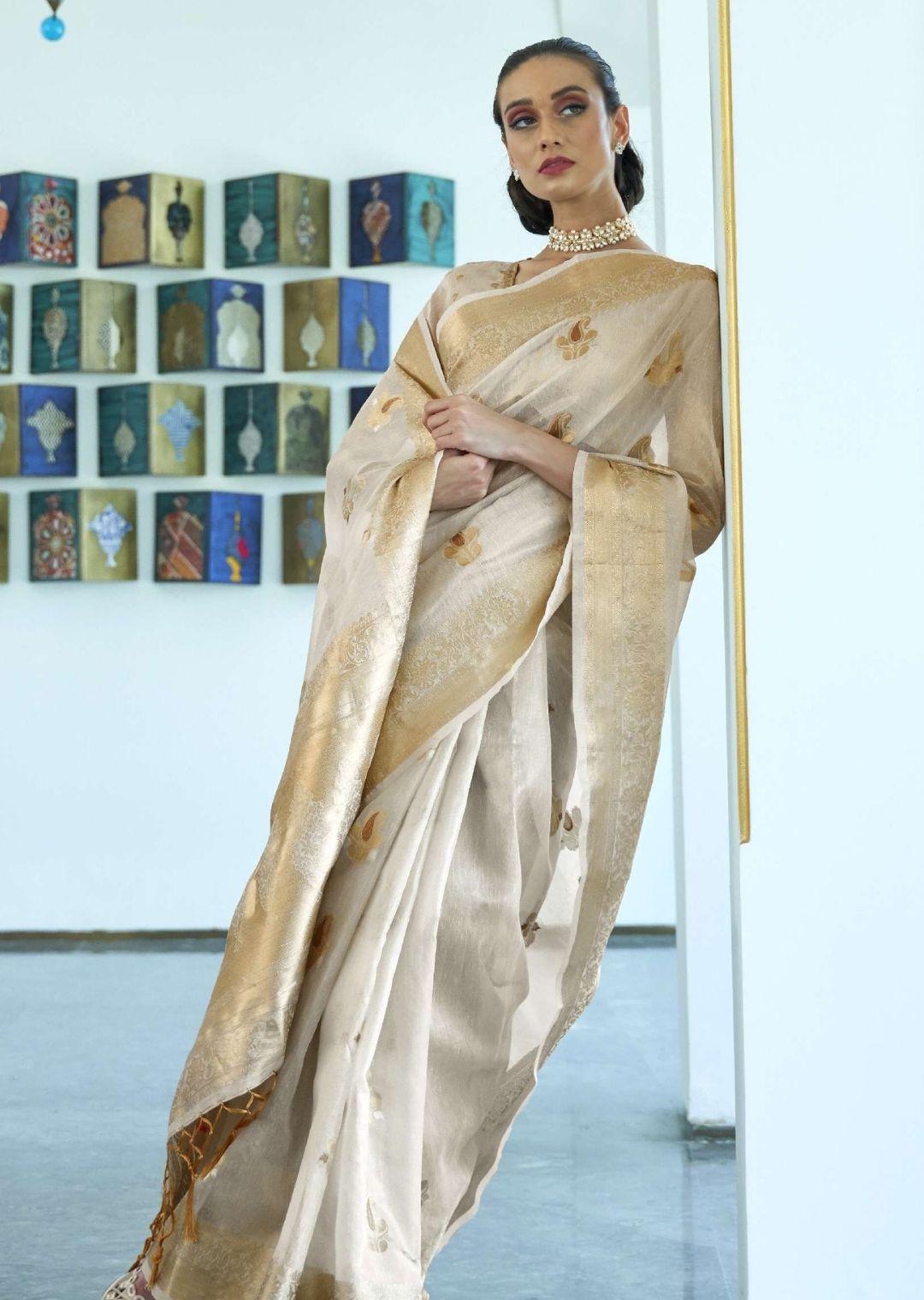 Pearl White Hand Woven Organza Tissue Silk Saree