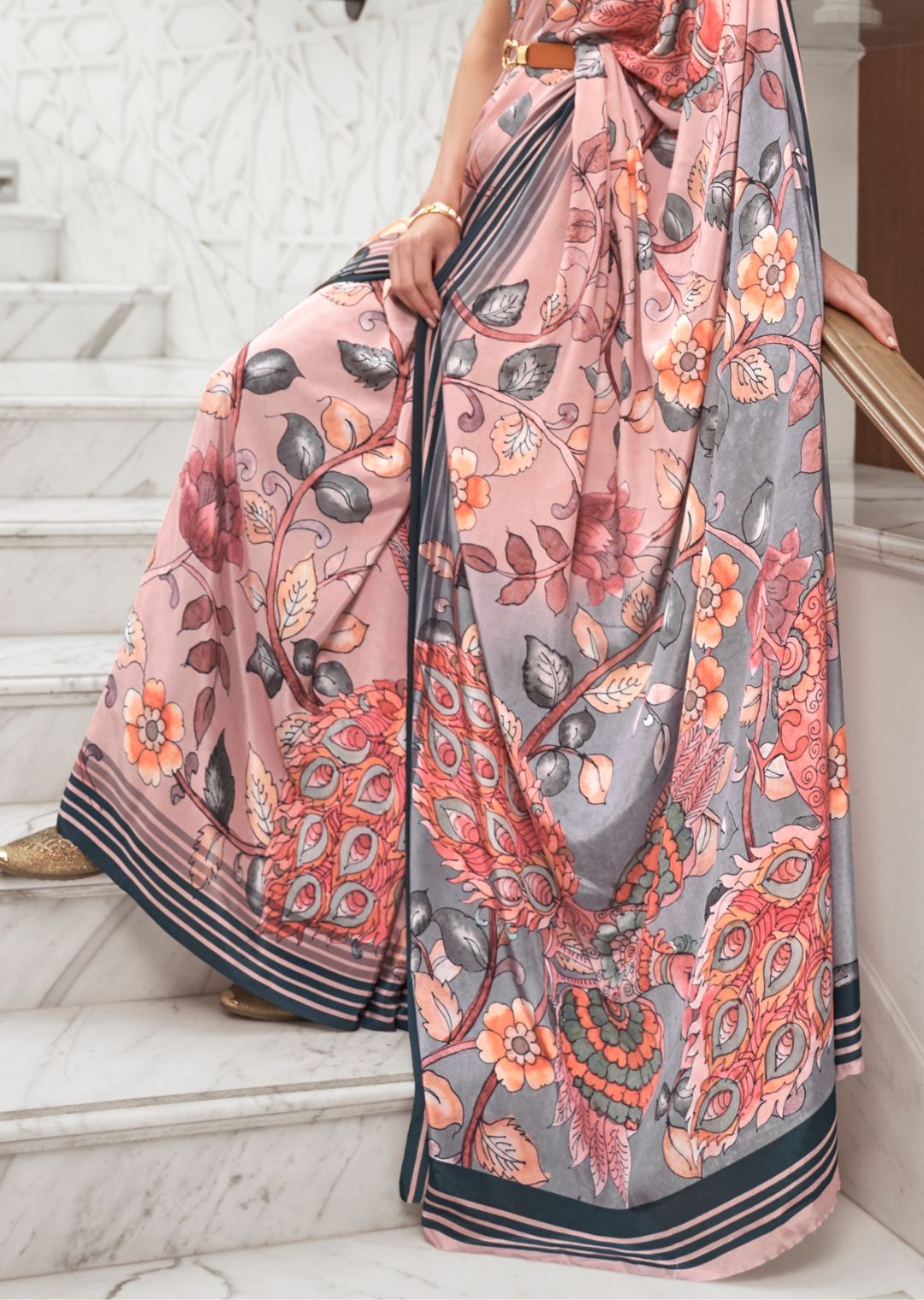 Powder Pink Kalamkari Printed Pure Crepe Silk Saree