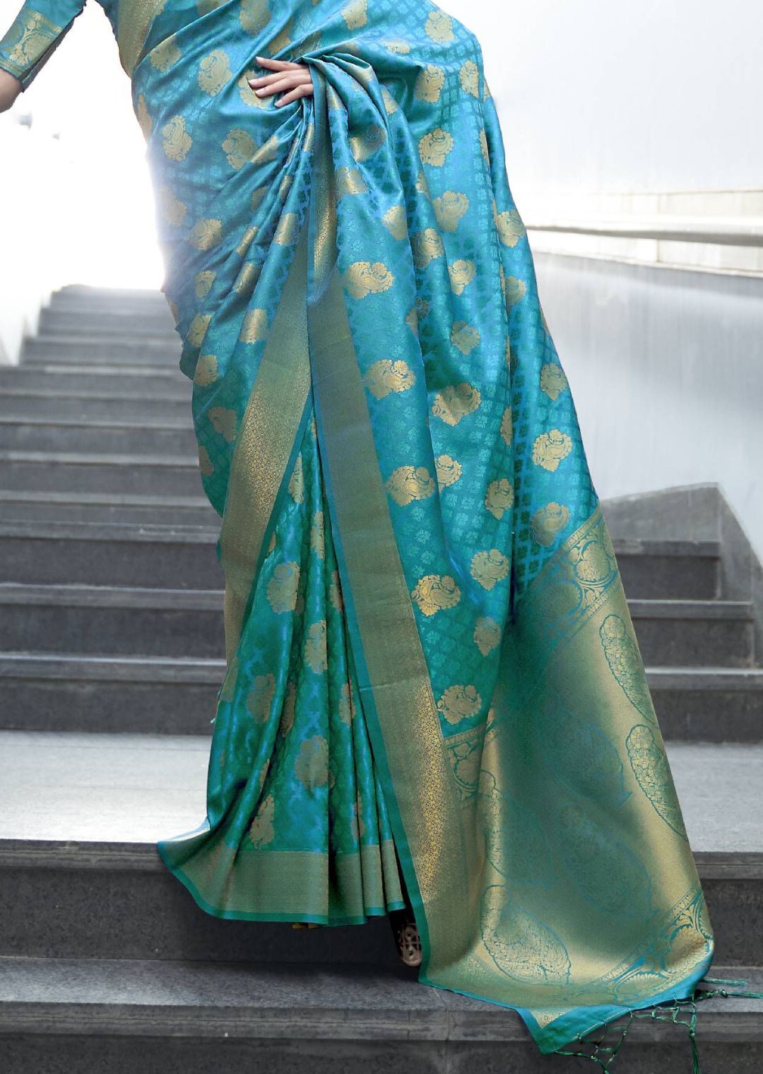 Aqua Blue Hand Woven Kanjivaram Silk Saree