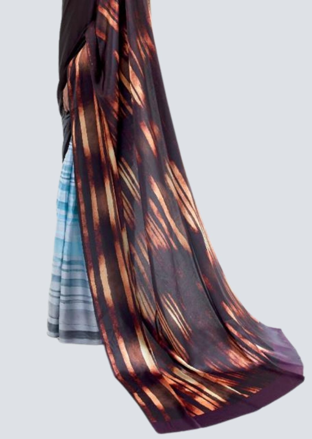 Dark Brown & Sky Blue Digital Printed Satin Crepe Saree