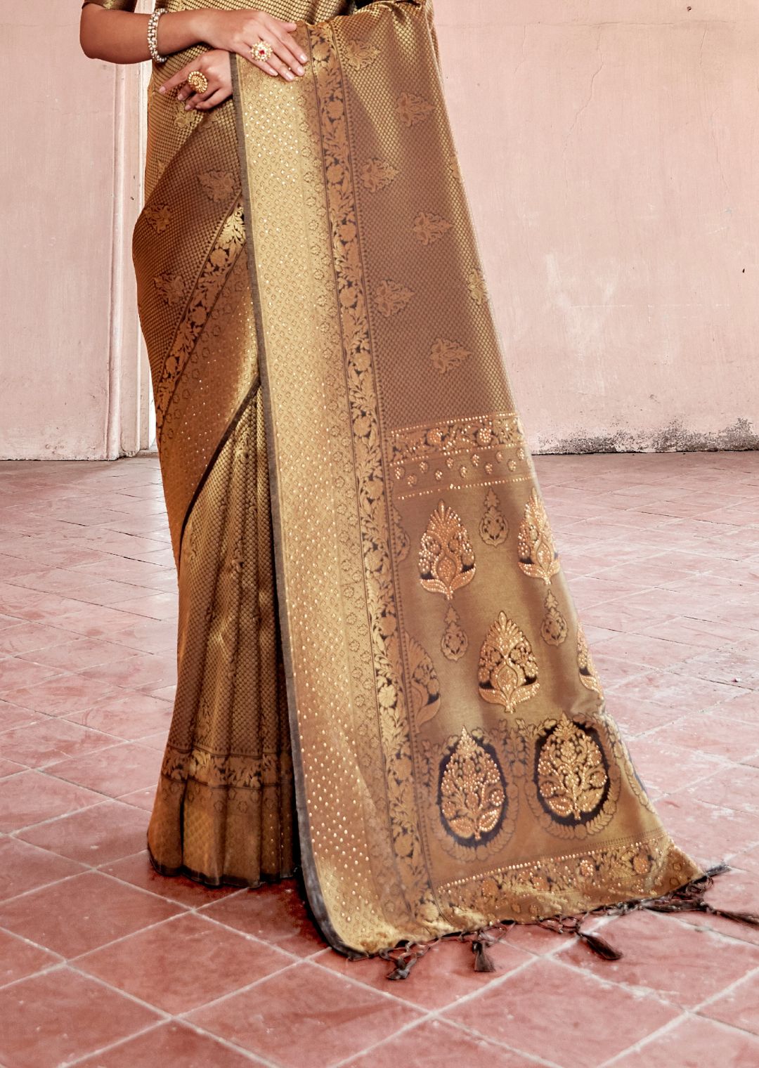 Black Gold Swaroski Hand Woven Kanjivaram Silk Saree