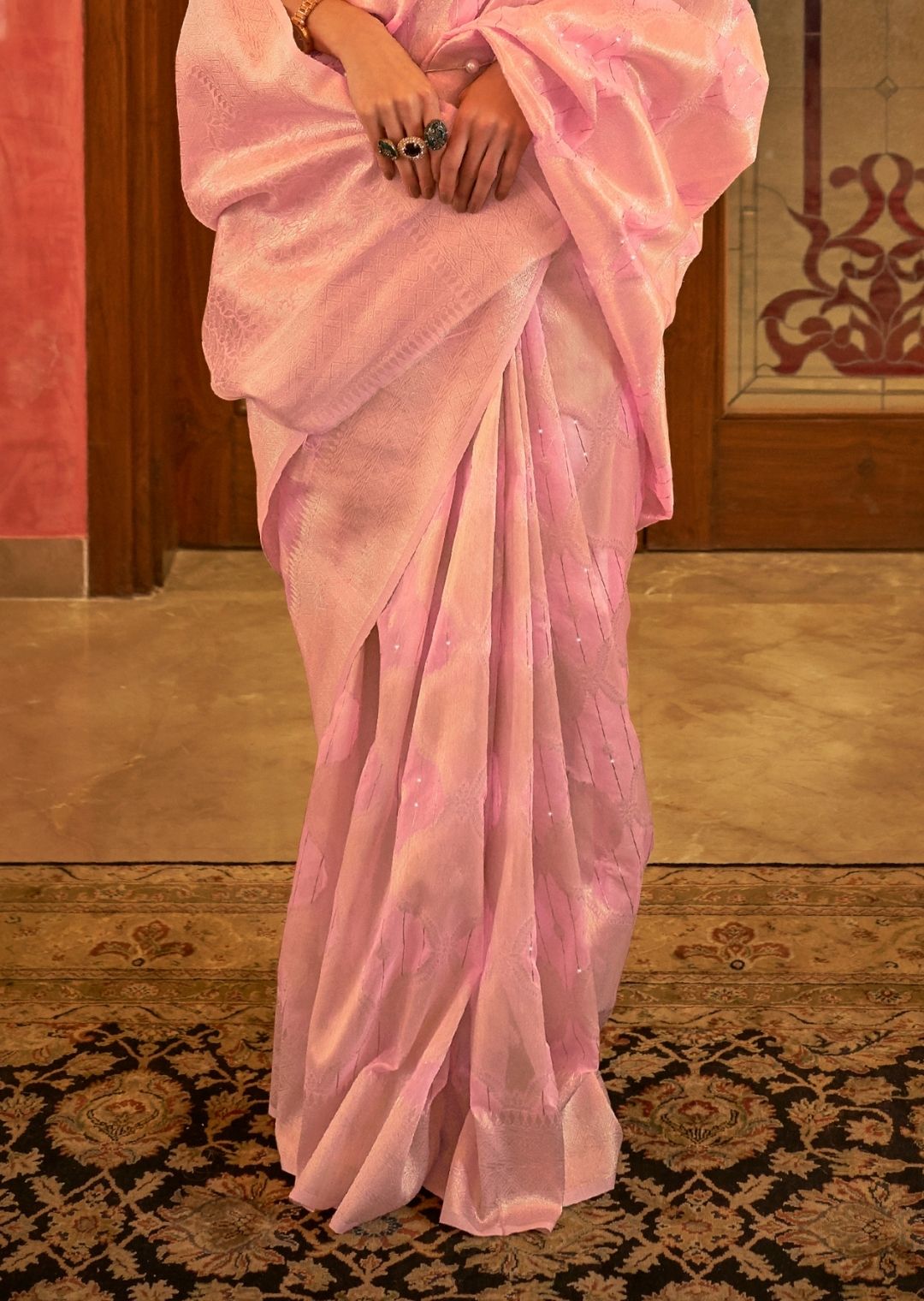 Linen Zari Pink Golden Saree With Blouse Piece, Raga Abhogi