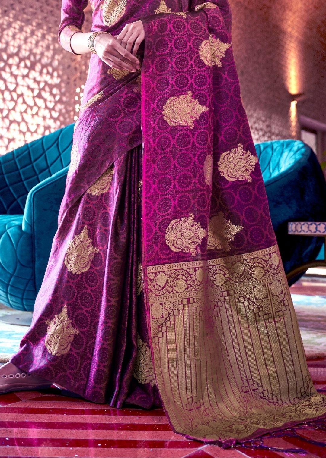 Plum Purple Woven Pure Satin Silk Saree