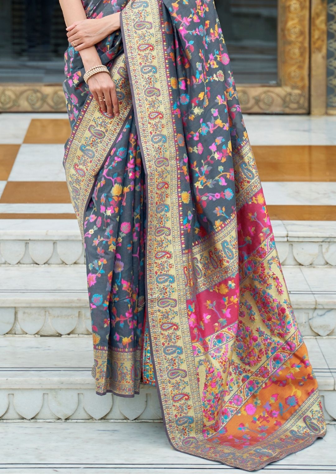 Steal Gray Woven Kashmiri Jamewar Silk Saree