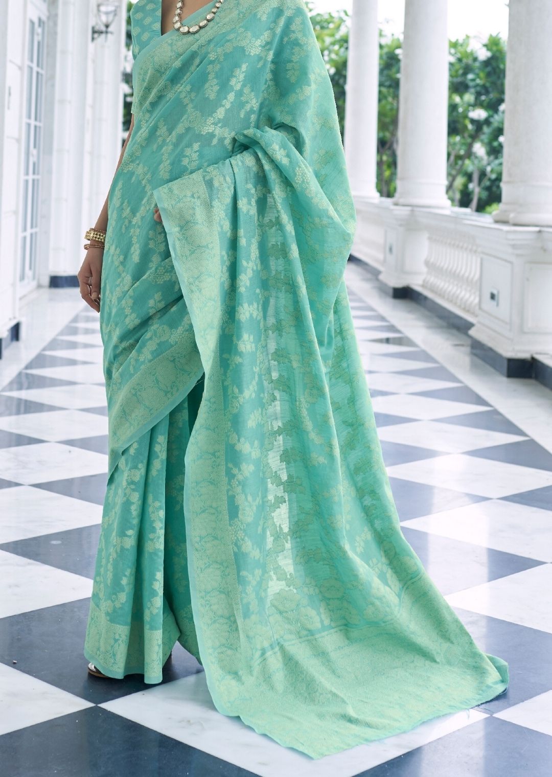 Aqua Green Hand Woven Lucknowi Cotton Saree