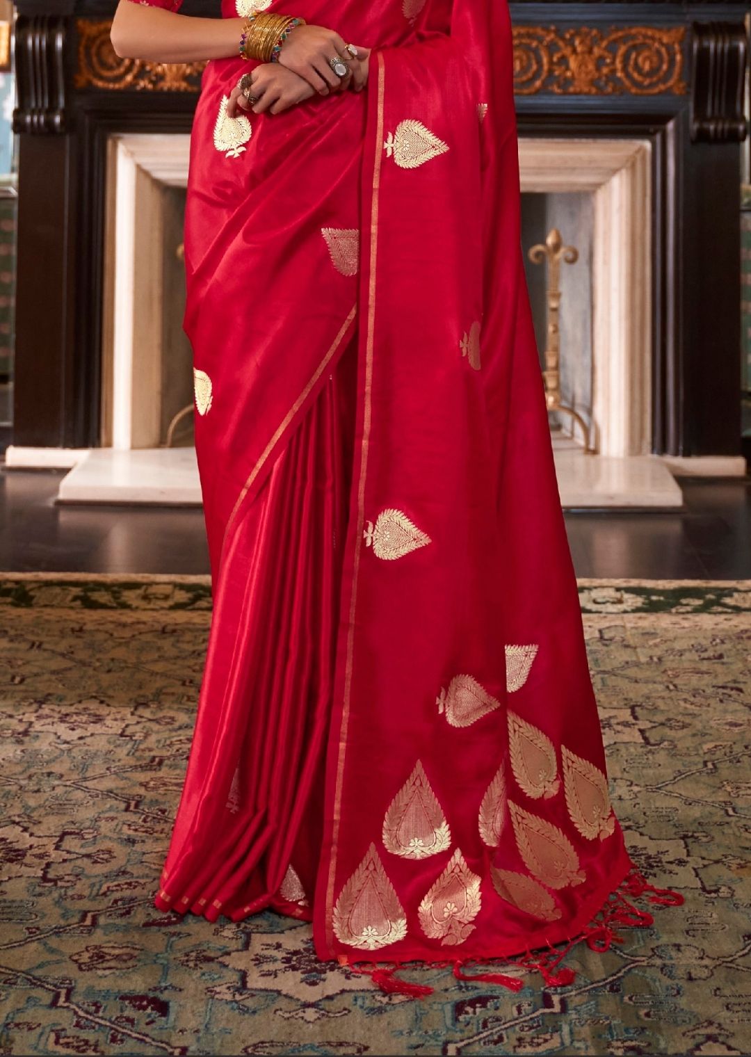 Red Woven Pure Satin Silk Saree