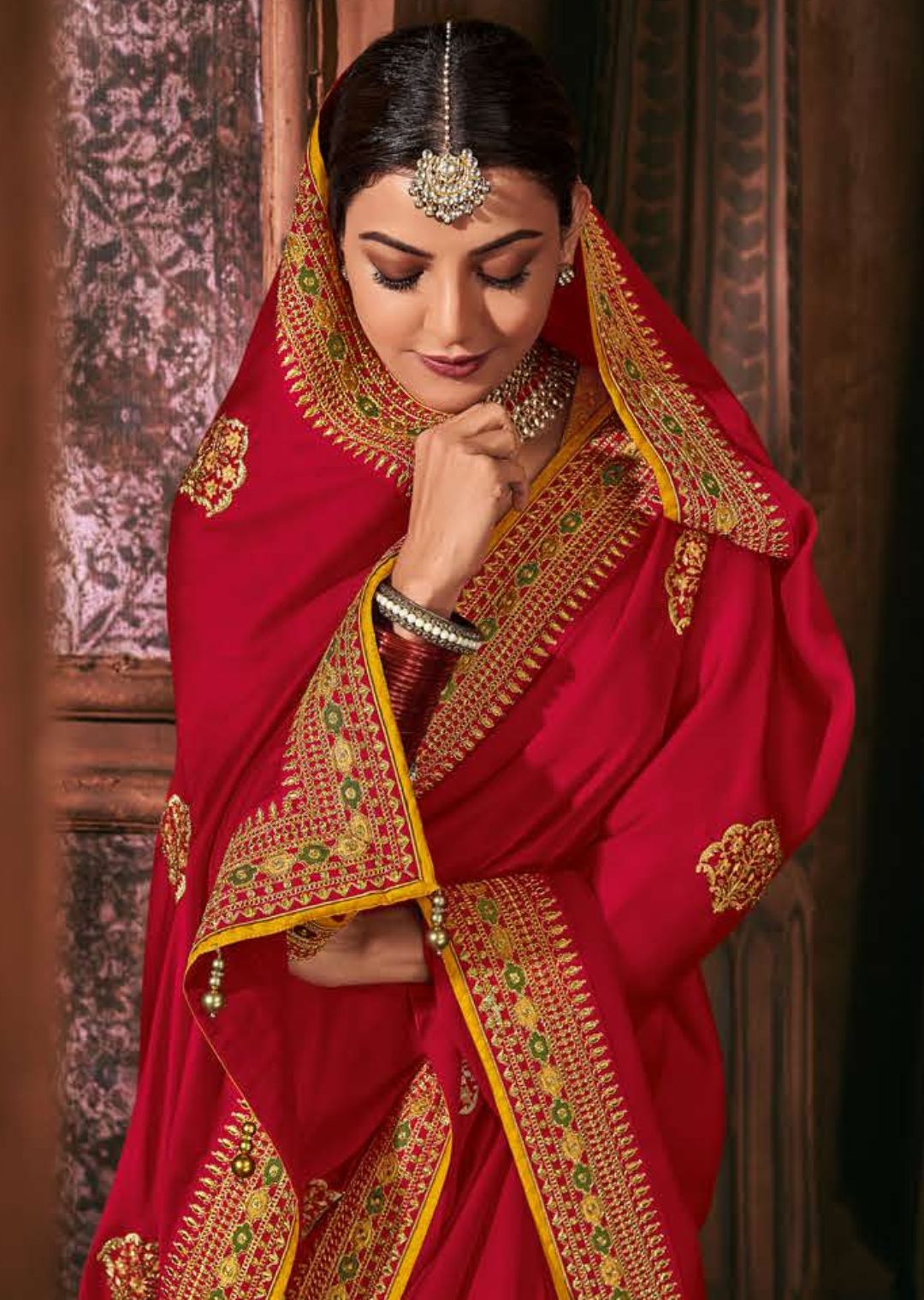 Rosewood Red Designer Embroidered Silk Wedding Saree | Saira's Boutique