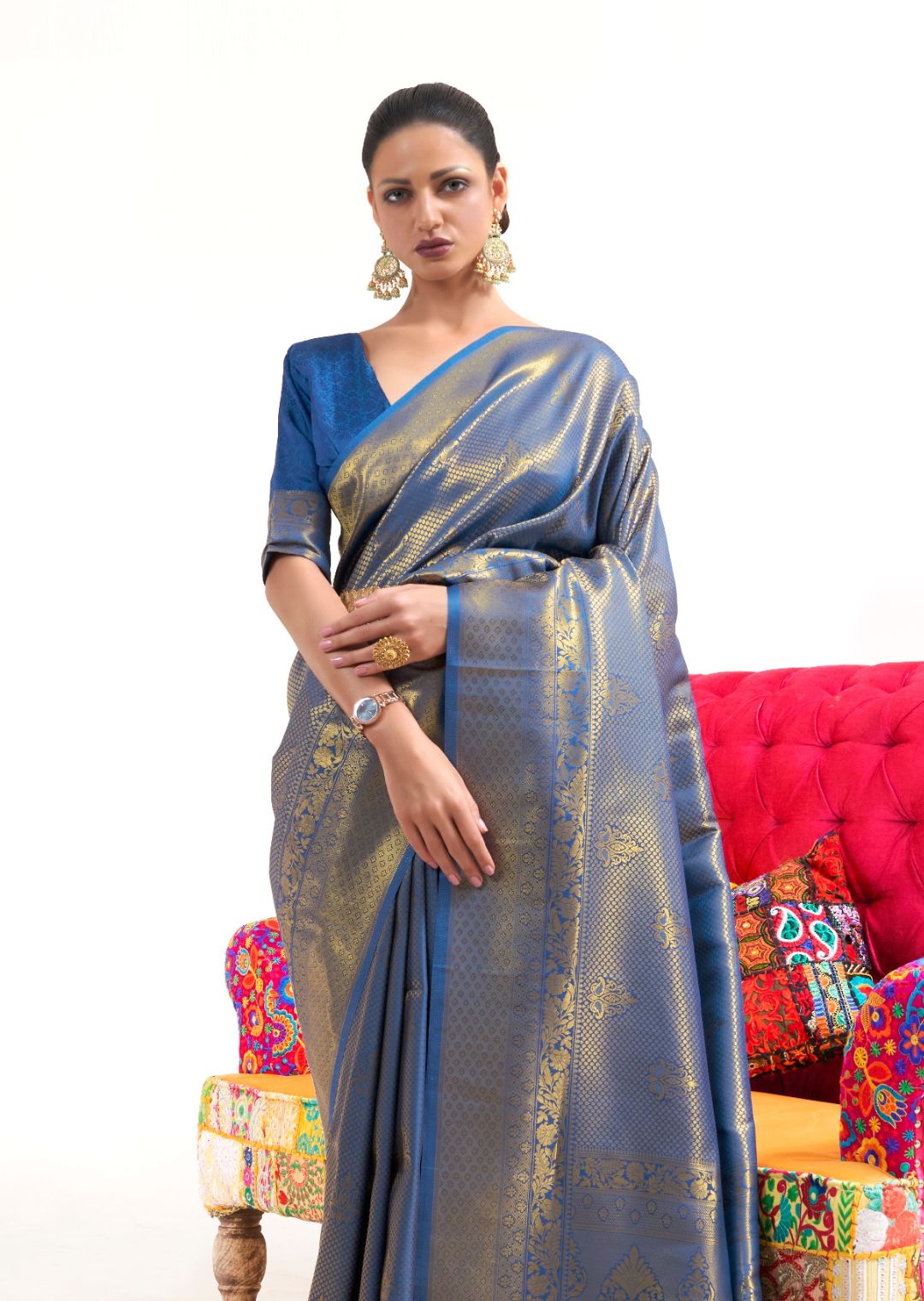 Marine Blue Hand Woven Kanjivaram Silk Saree