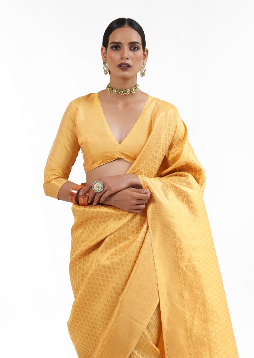 Amber Yellow Hand Woven Kanjivaram Silk Saree