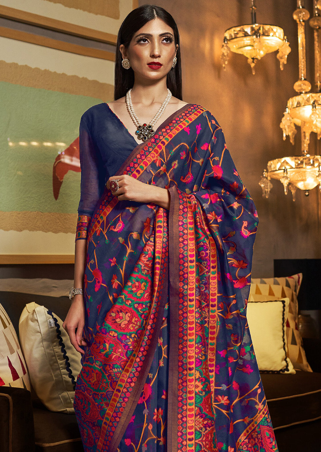 BLUE WOVEN KASHMIRI JAMEWAR SILK SAREE