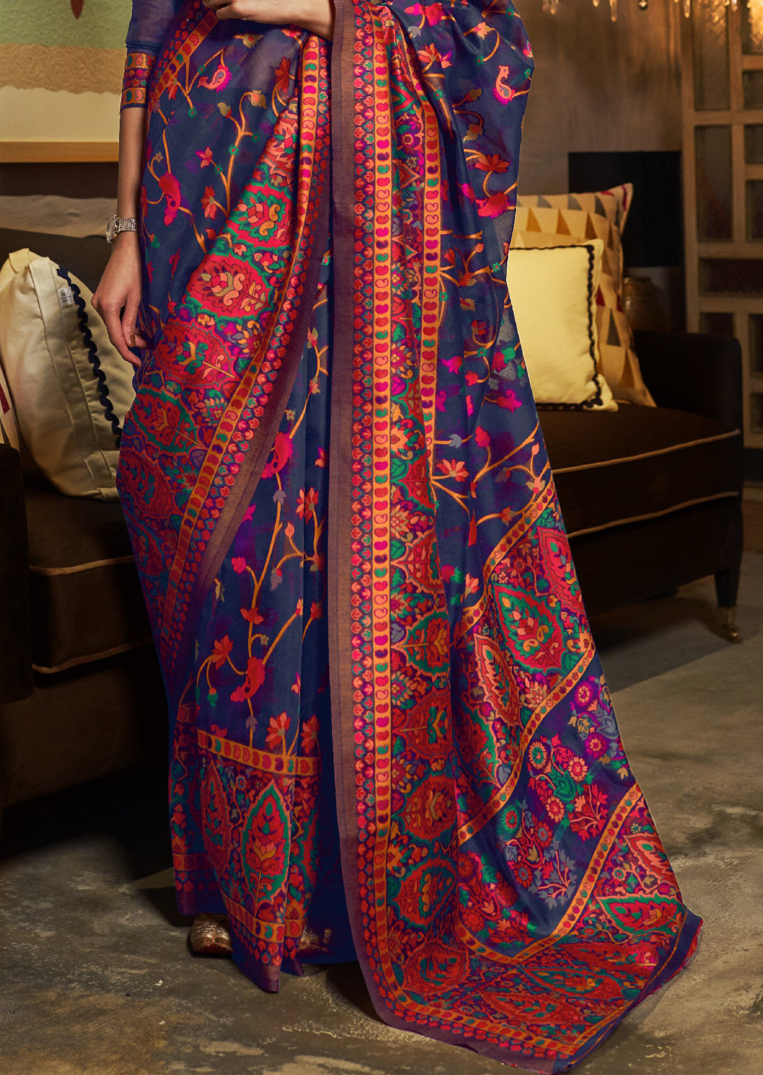 BLUE WOVEN KASHMIRI JAMEWAR SILK SAREE