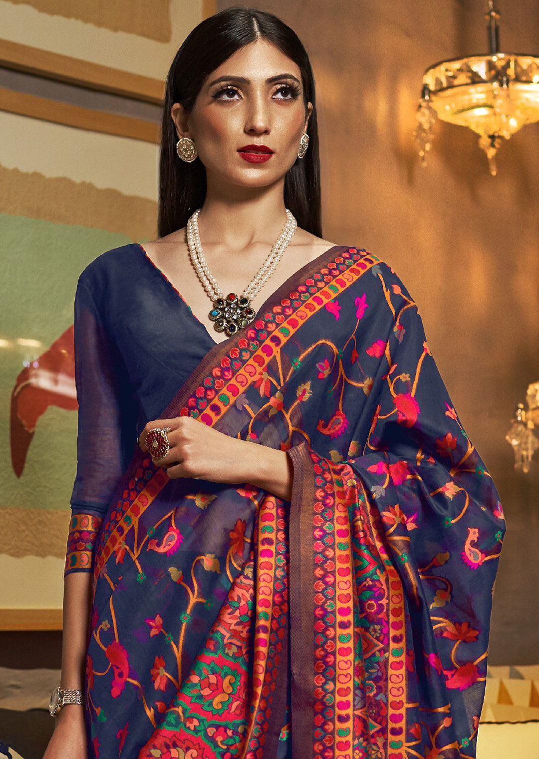 BLUE WOVEN KASHMIRI JAMEWAR SILK SAREE