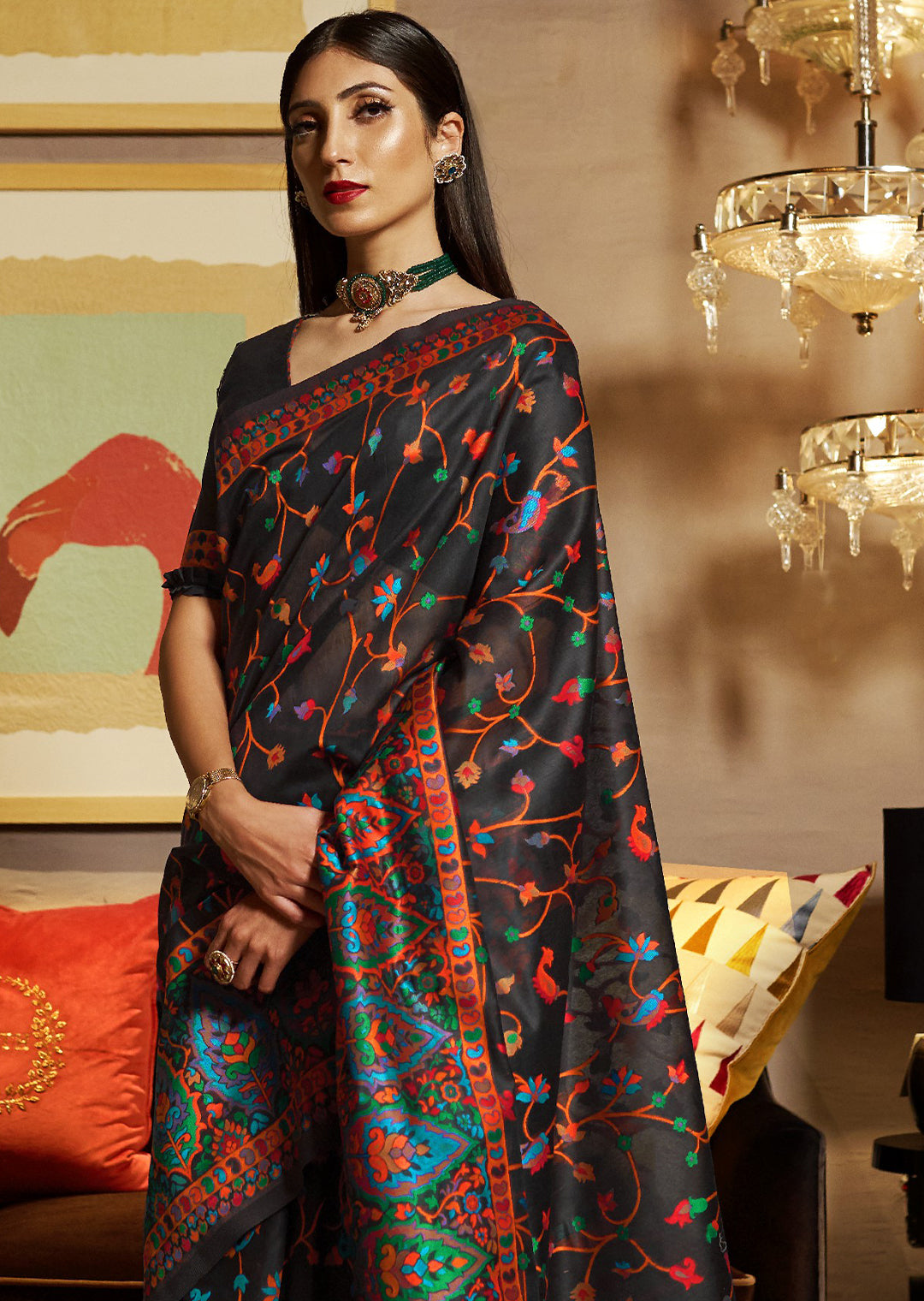 BLACK WOVEN KASHMIRI JAMEWAR SILK SAREE