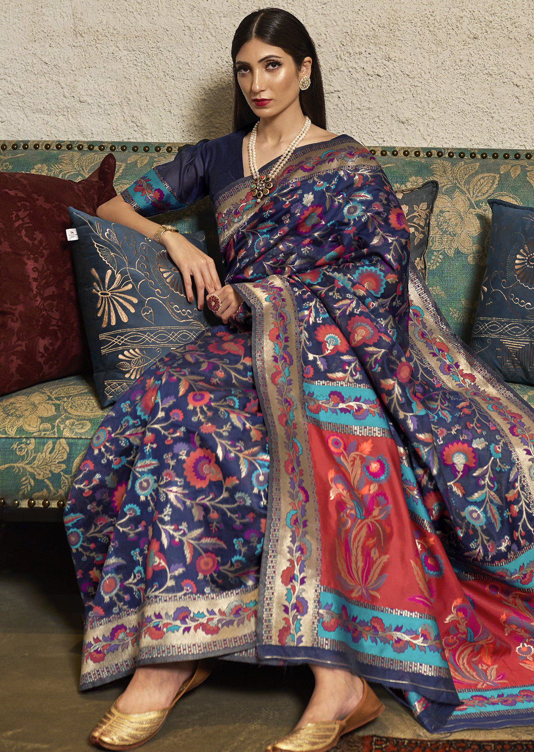 NAVY BLUE WOVEN KASHMIRI JAMEWAR SILK SAREE