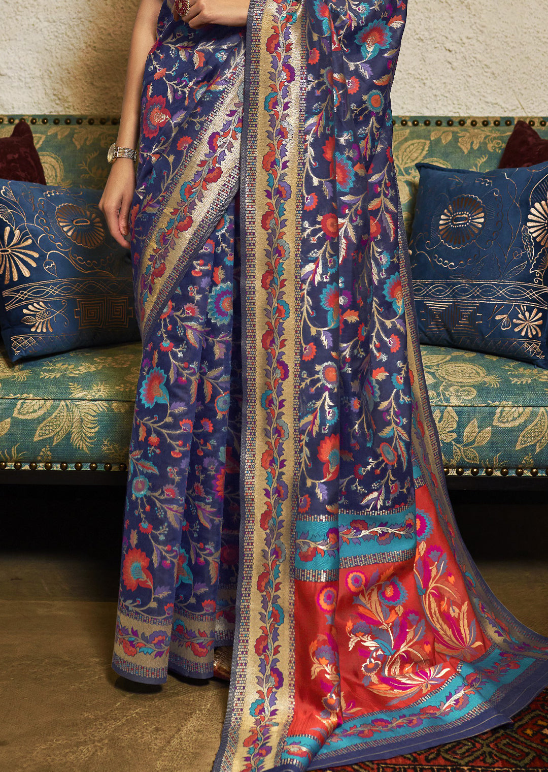 NAVY BLUE WOVEN KASHMIRI JAMEWAR SILK SAREE