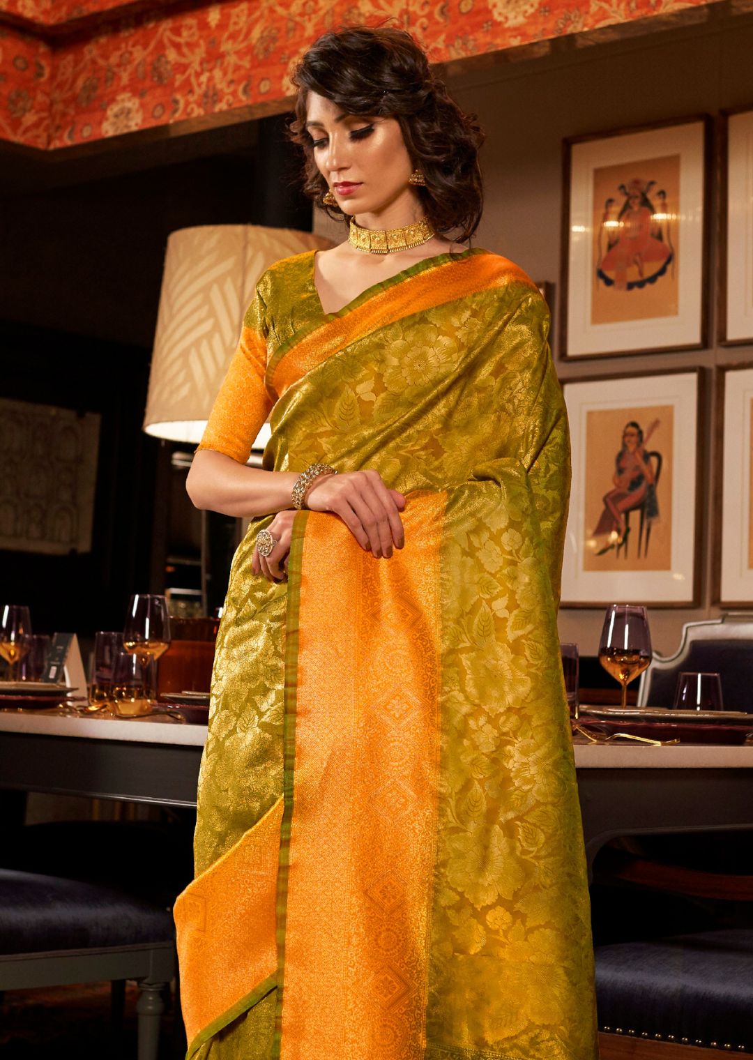 Lime Green Zari Woven Banarasi Silk Saree