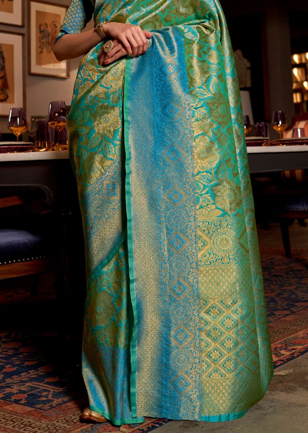 Turquoise Green Zari Woven Banarasi Silk Saree