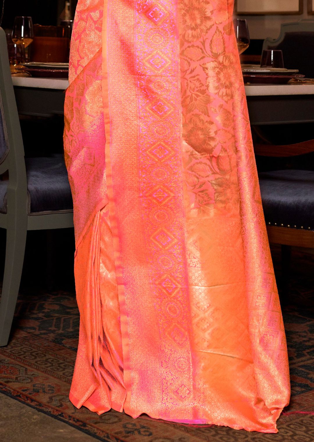 International Orange Zari Woven Banarasi Silk Saree