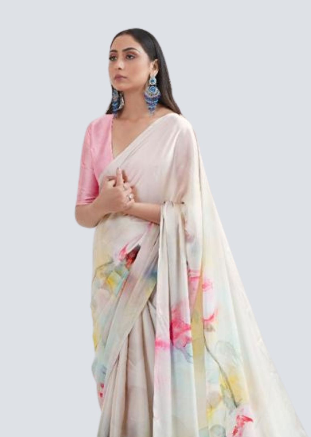 Milky White Digital Printed Satin Crepe Saree