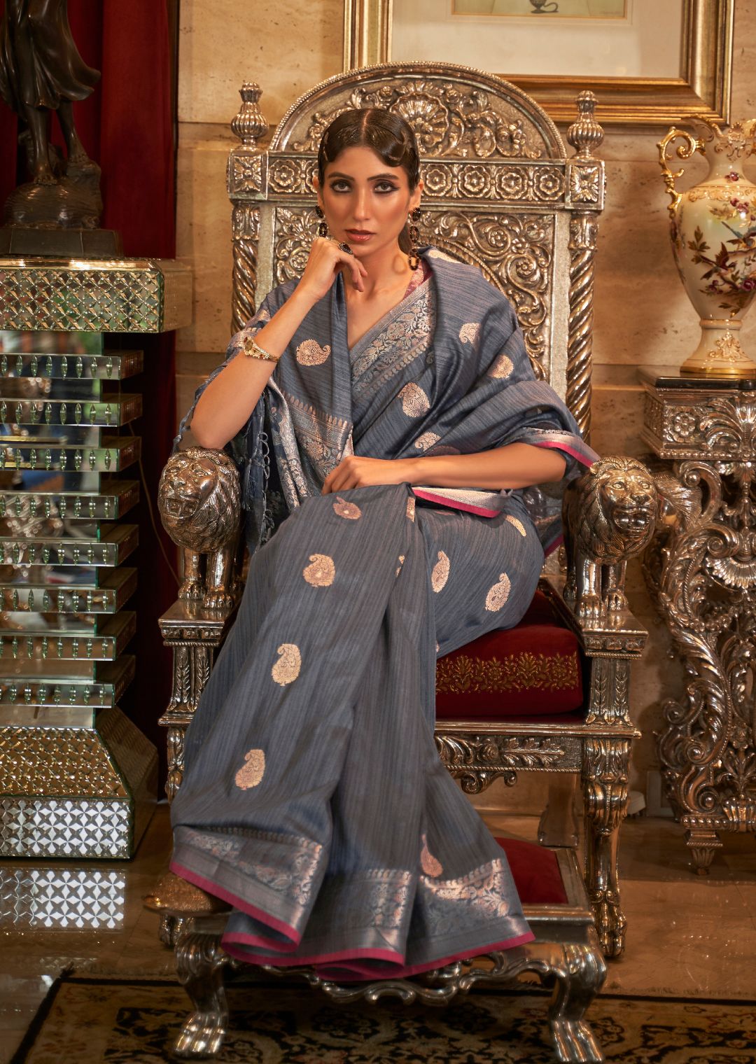 Stone Blue Zari Woven Pure Handloom Tessar Silk Saree