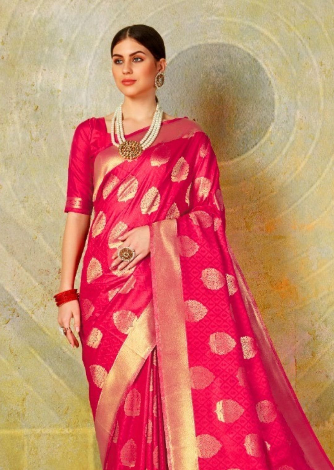 Ruby Pink Woven Banarasi Silk Saree